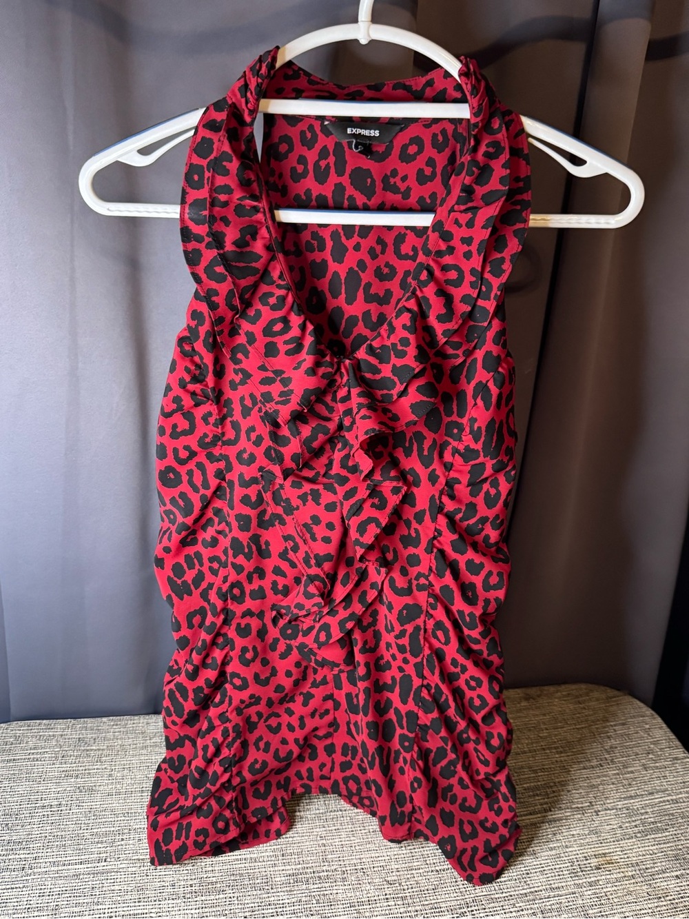 Express Red and Black Leopard Ruffle Halter Top